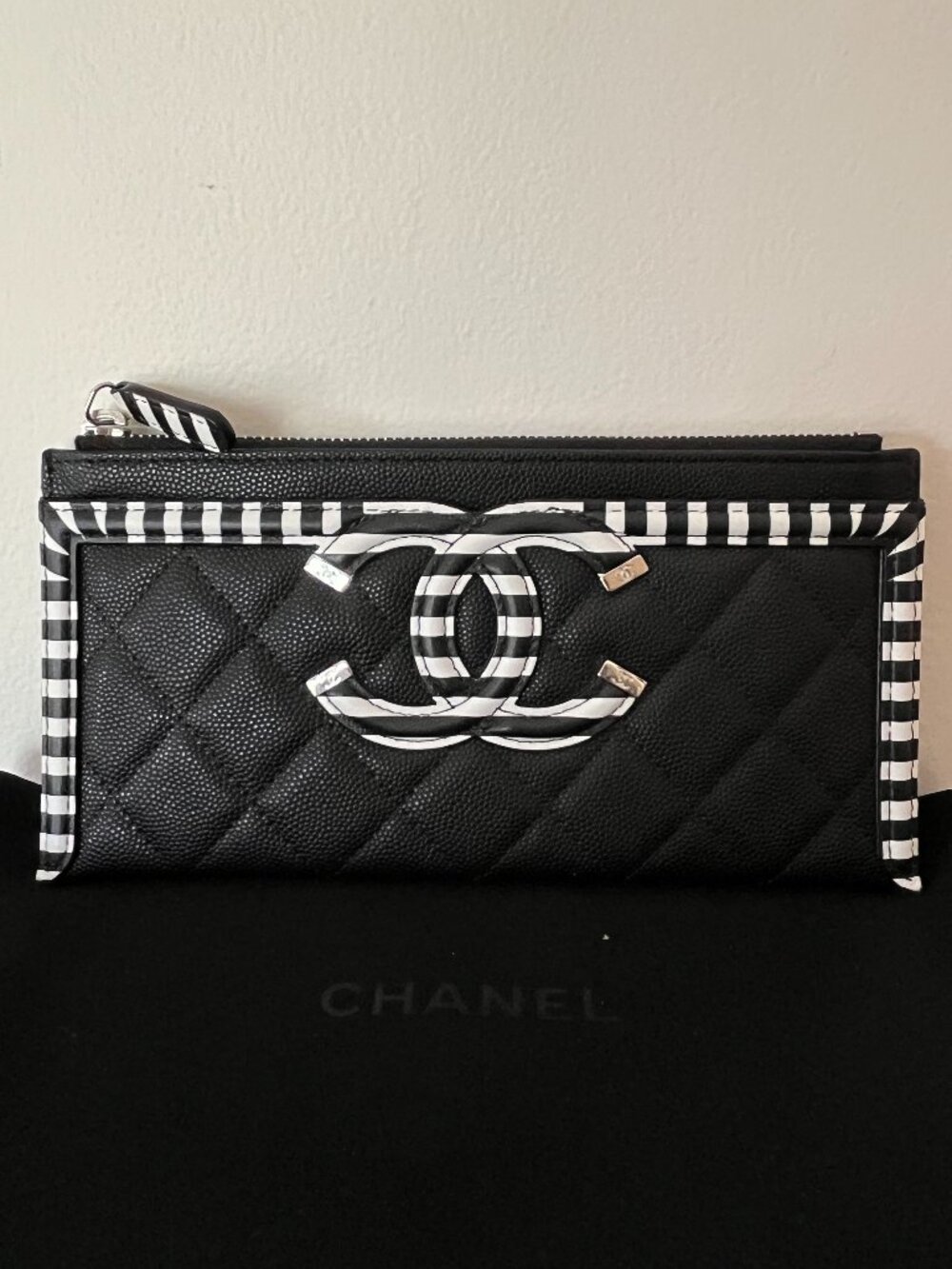 CHANEL Filigree Caviar Quilted Leather Pouch Black White 2019 Cruise Collection